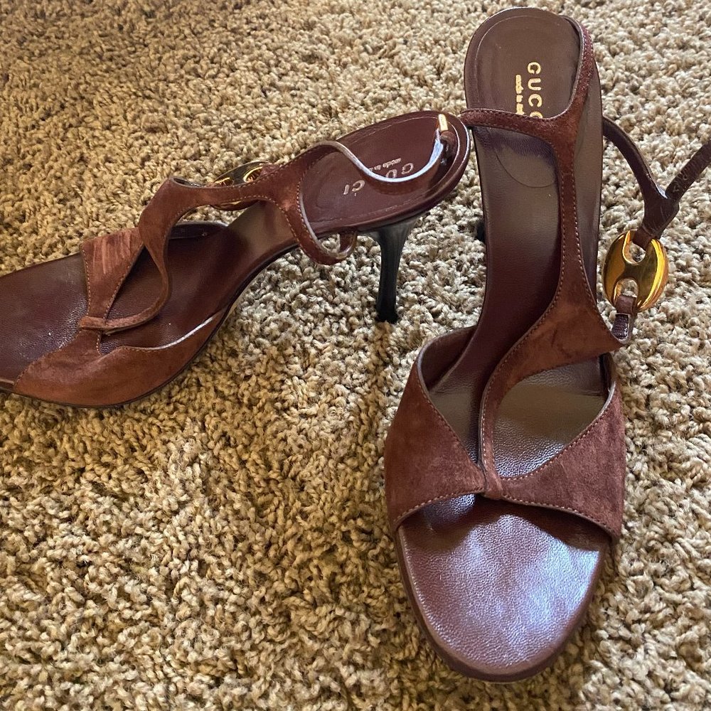 Gucci Brown Suede T-Strap Stilettos